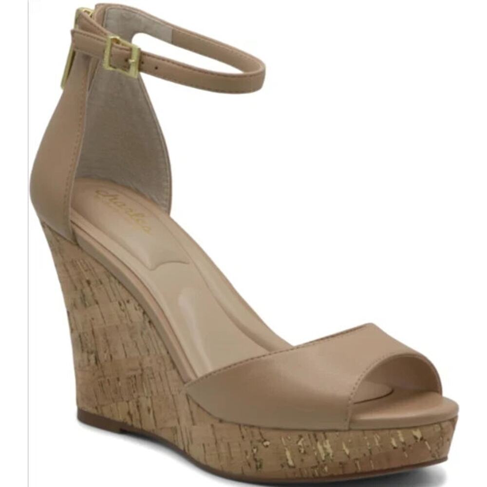 CHARLES DAVID Beige Lois Faux Leather 10 Open Toe Platform Wedge Sandals